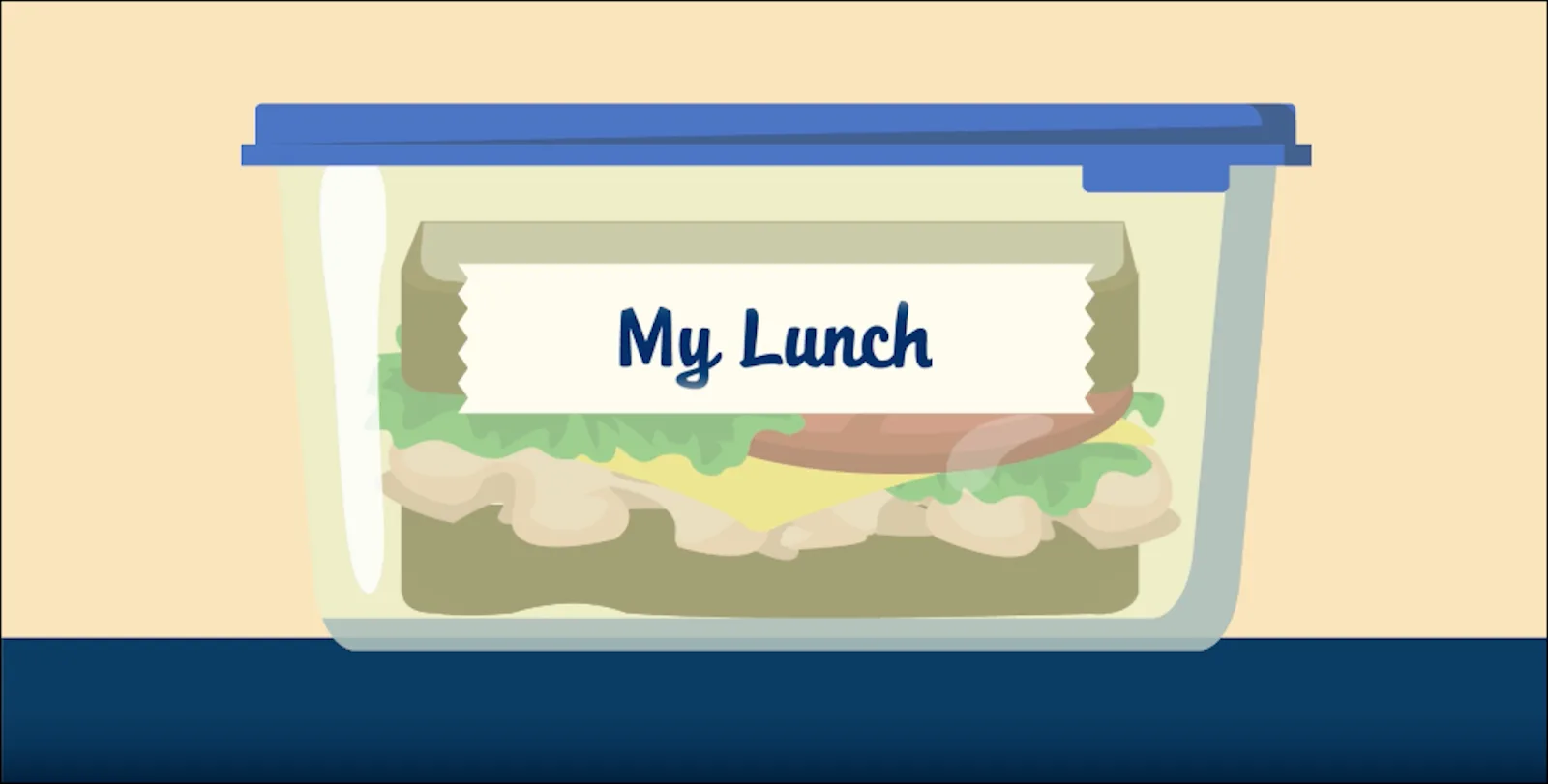 Une boîte transparente de conservation d’aliments, dans laquelle se trouve un sandwich et sur le côté de laquelle est collé un morceau de ruban adhésif sur lequel il est marqué Mon repas.