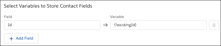 A section of the “Find a Match” Get Records element, where the flow stores the matching contact’s ID in the {!existingId} variable.