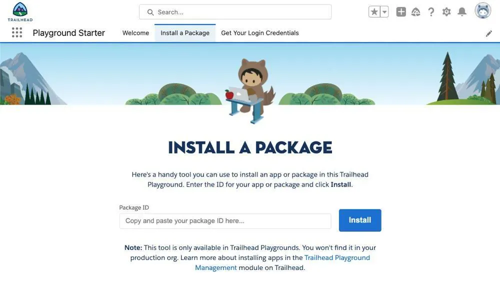 The Install a Package tab in a Trailhead Playground with a Package ID field and an Install button.