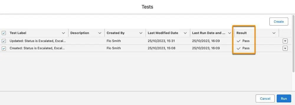 The Tests window showing the tests from the preceding steps. Both tests passed.