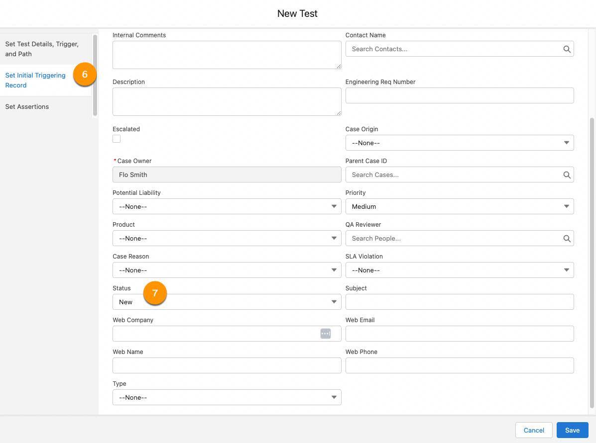 手順 6 と 7 に対応する [New Test (新規テスト)] ウィンドウ。