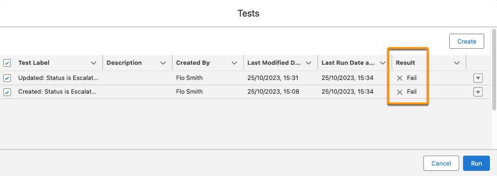 両方のテストが失敗していることを示す [Tests (テスト)] ウィンドウ。