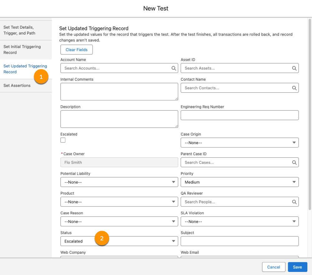 手順 1 と 2 に対応する [New Test (新規テスト)] ウィンドウ。
