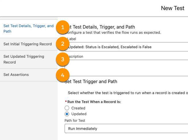 次の説明で詳述されている各パーツに対応する [New Test (新規テスト)] ウィンドウ。