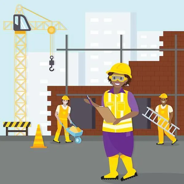A safety inspector on a construction site, checking items on a checklist.