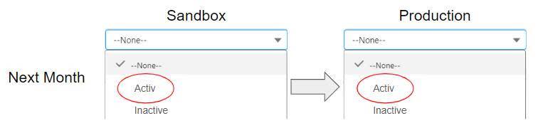 1 か月後の Sandbox 組織と本番組織の選択リスト。両方の組織で Active (有効) が A-c-t-i-v になっています。