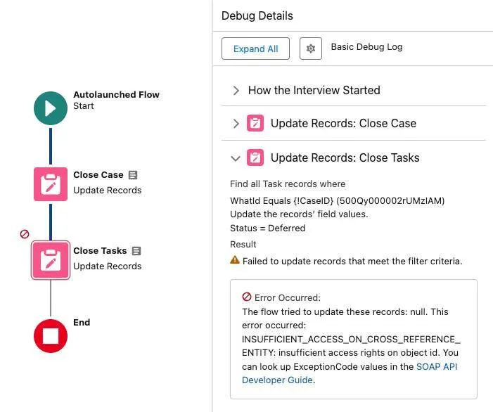 The debugged flow and its Debug Details, with an error message corresponding to the following description.