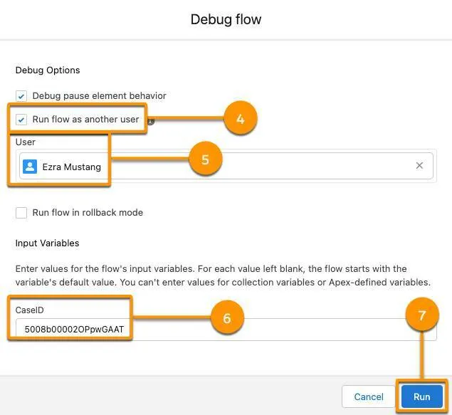 The Debug flow window corresponding to steps 4 to 7.