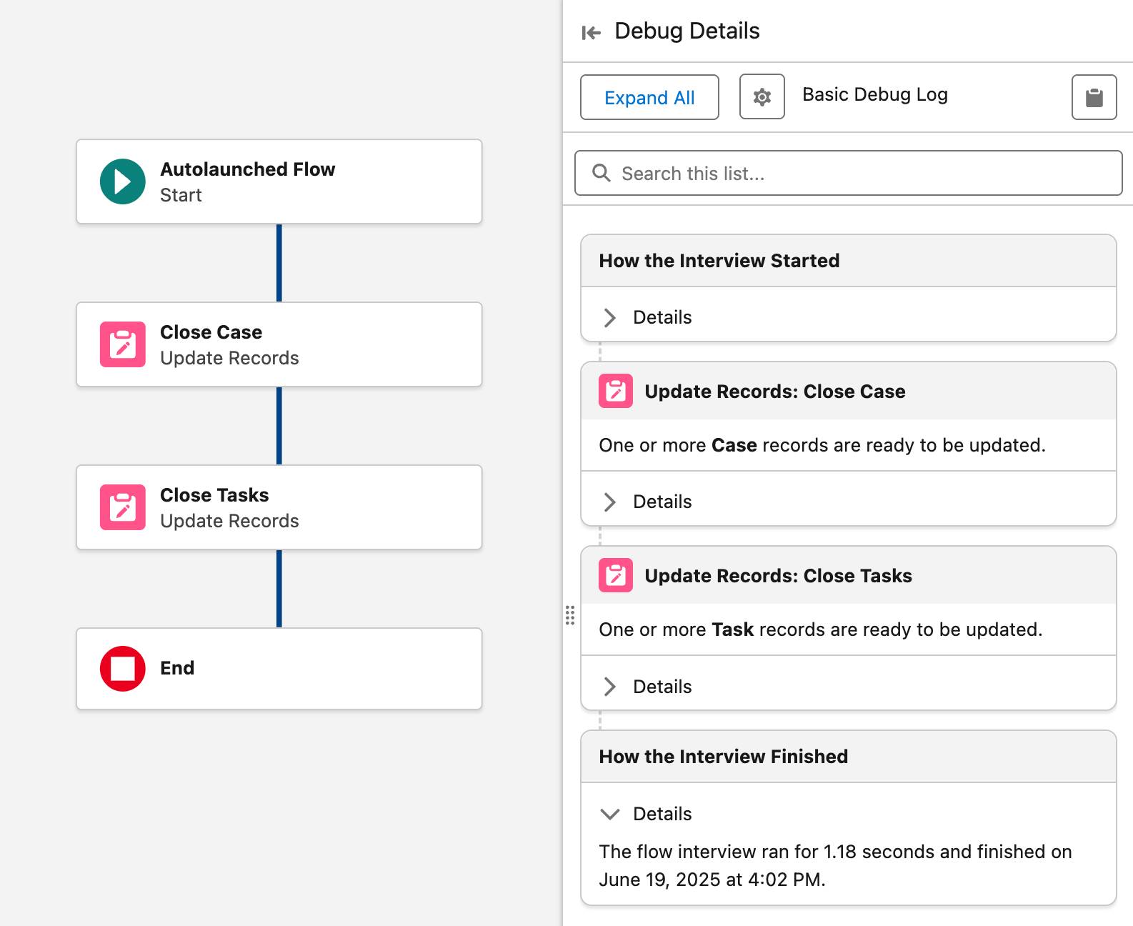 The debugged flow and its Debug Details with no error messages.