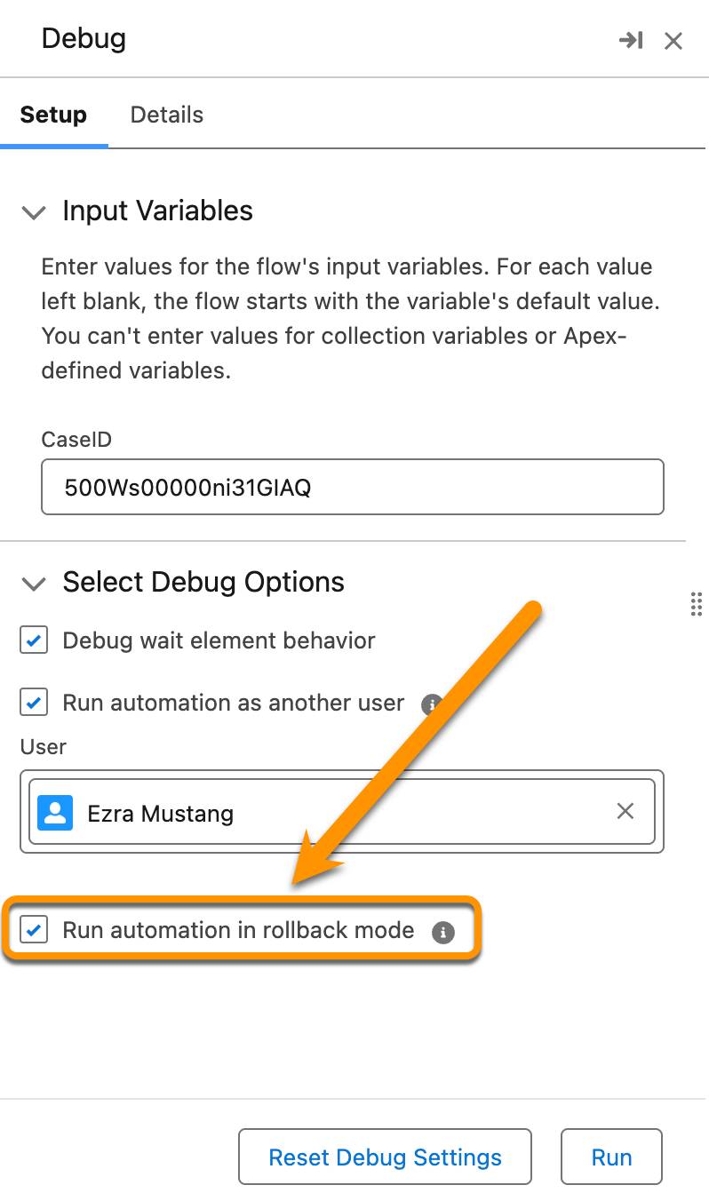 The Debug panel, highlighting the Run automation in rollback mode setting corresponding to the previous description.