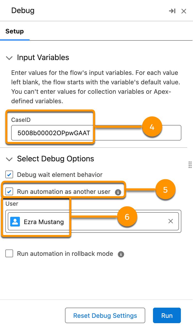 The Debug panel corresponding to steps 4 to 7.