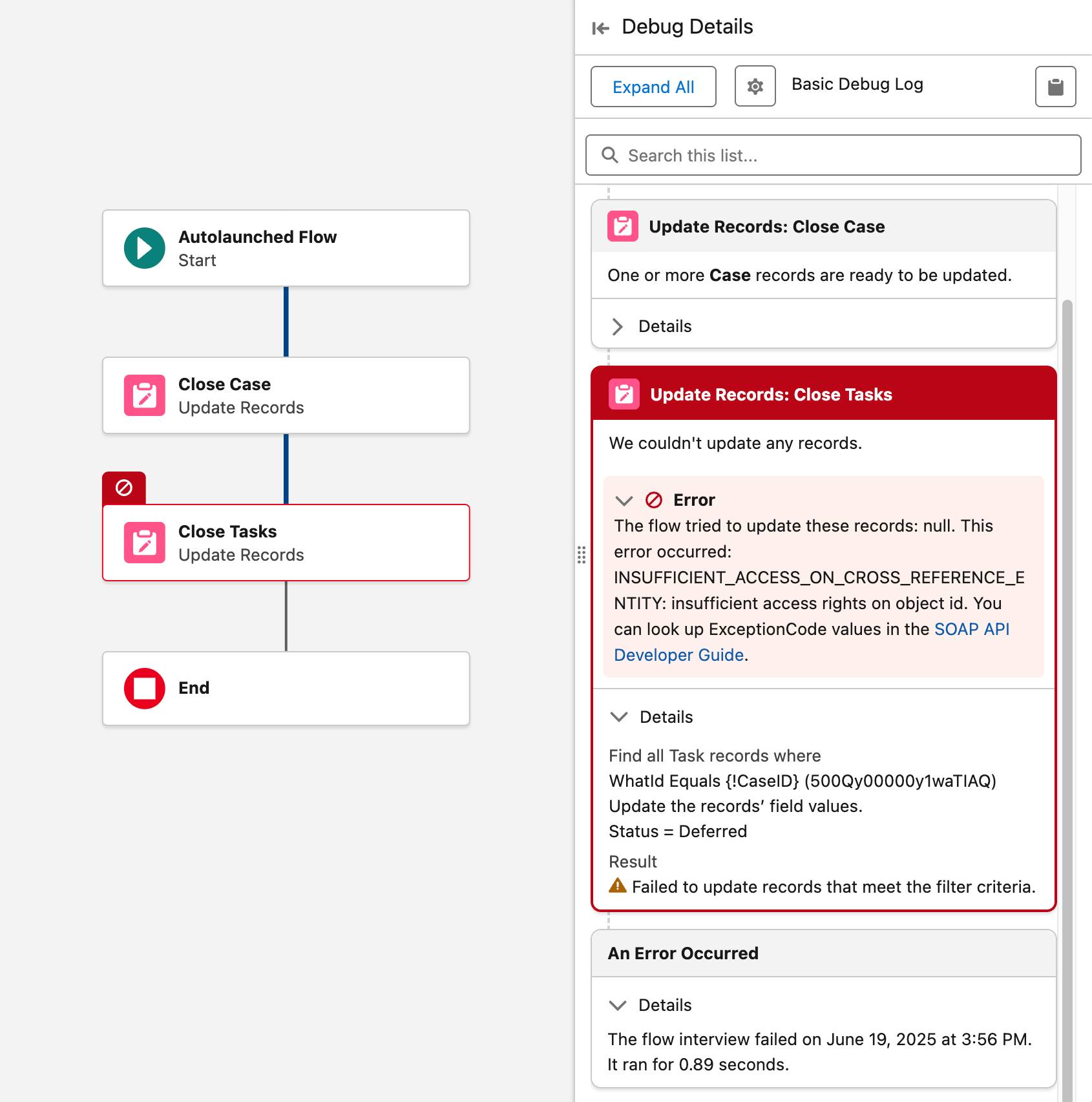 The debugged flow and its Debug Details, with an error message corresponding to the following description.