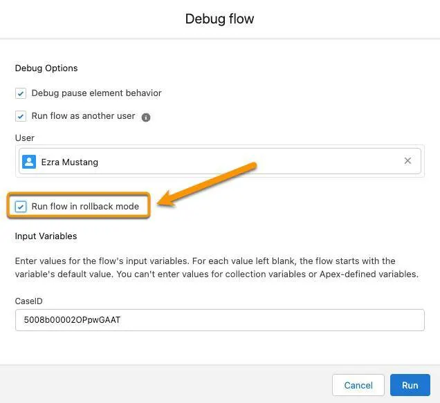 The Debug flow window, highlighting the Run flow in rollback mode setting corresponding to the previous description.