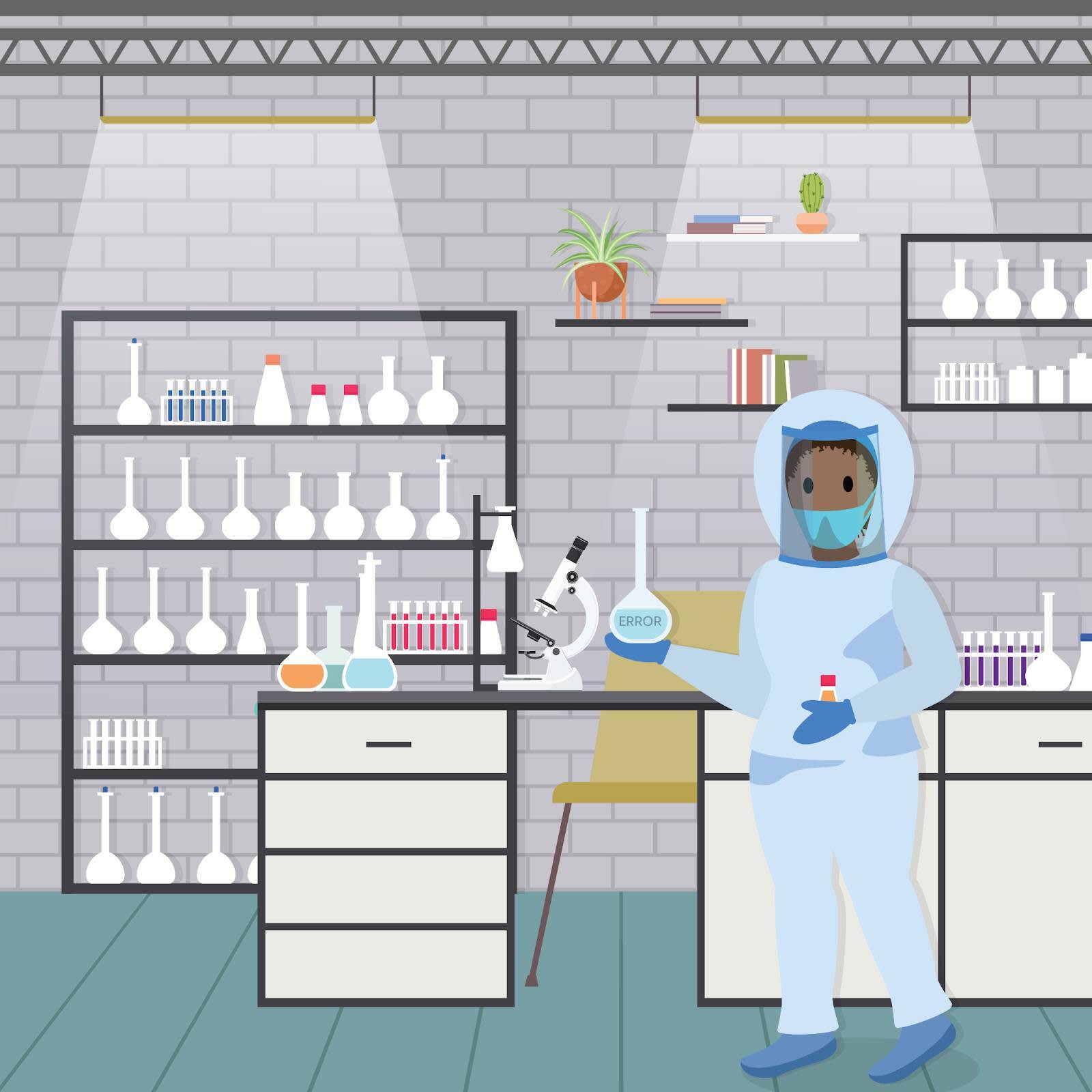 危険な化学物質のフラスコに「Error (エラー)」と書かれたラベルが貼られ、実験室の作業員が防護具を着用して慎重に取り扱っているイラスト。