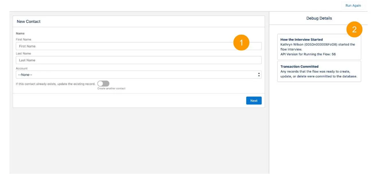 An instance of the New Contact flow in debug mode.