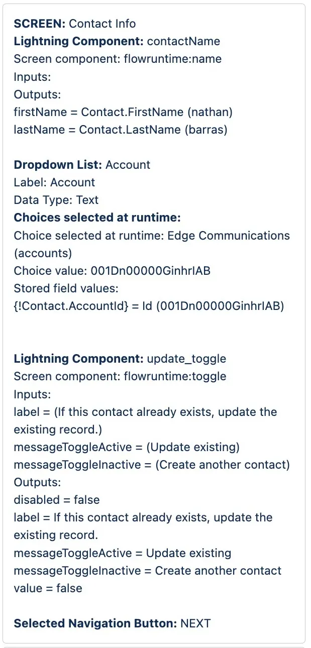 The debug details for the screen that collects information from the user.