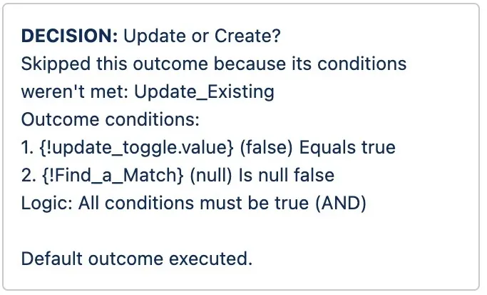 The debug details for the Decision element that determines whether to update an existing contact.