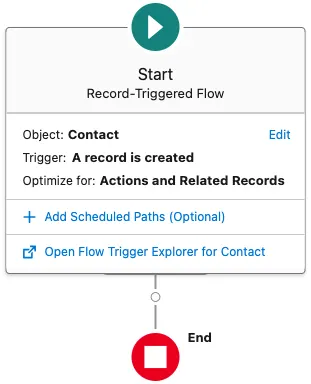 L’élément Start (Début) sur la zone de dessin Flow Builder