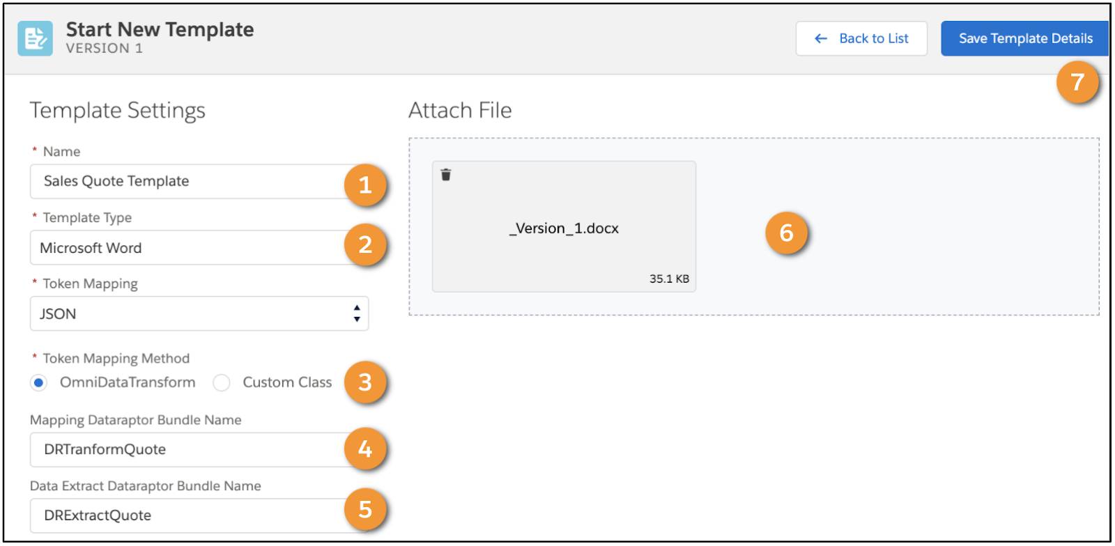 Document Template Designer UI displaying the Start New Template screen with the Template Settings and Attach File section.