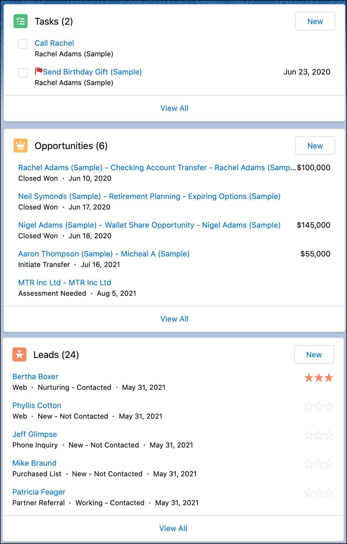 Screen shot showing the Task, Opportunities, and Leads productivity cards.