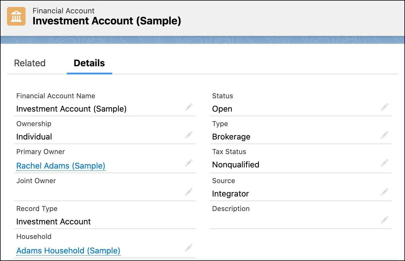 A sample investment account showing status: open, ownership: individual; type: brokerage; primary owner: Rachel Adams.