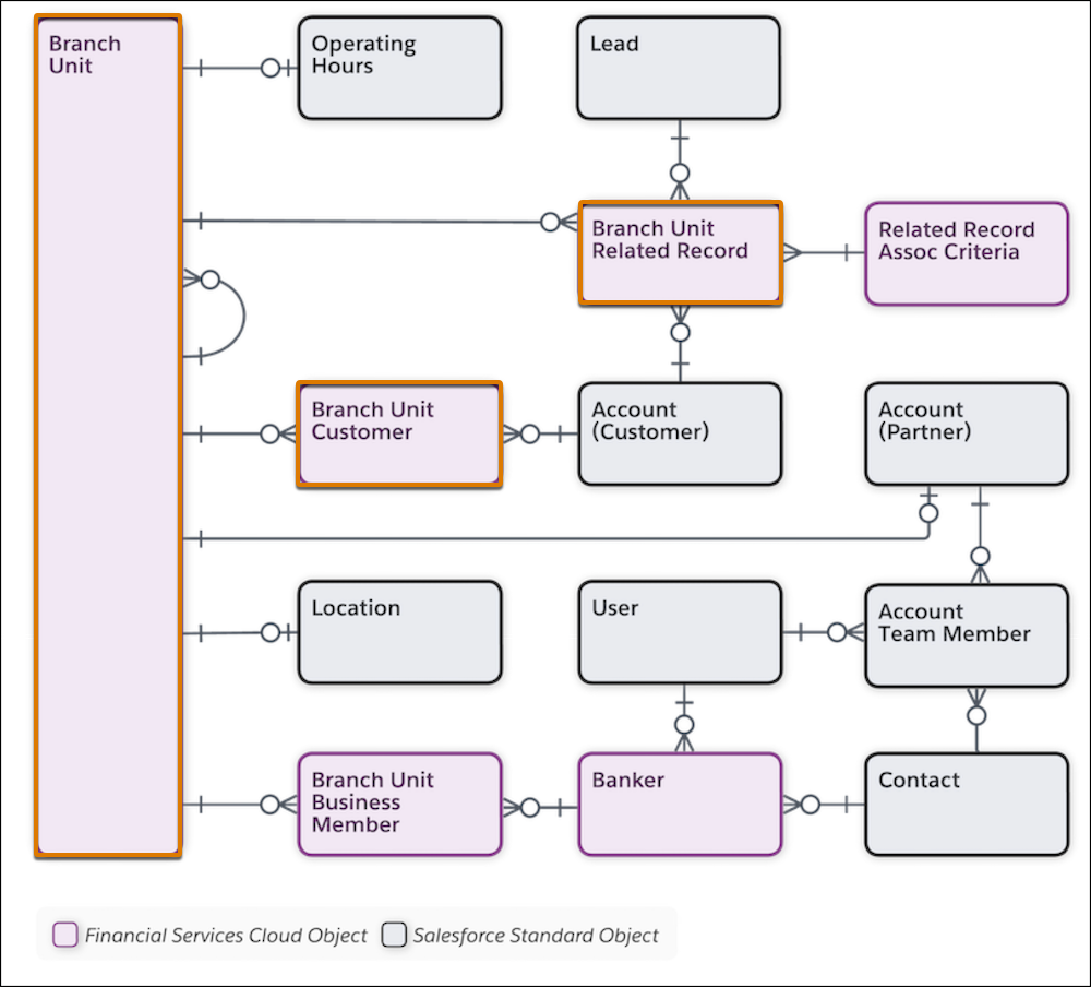 The relationships between objects in the Branch Management Data Model.