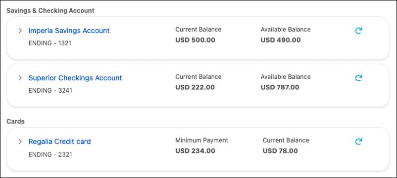 A savings account, checking account, and credit card are included in the list.