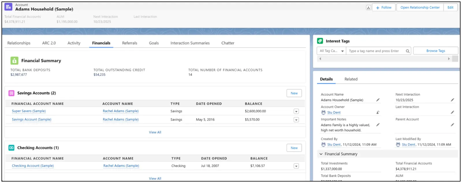 Adams Household displaying in the Financial Accounts tab. This tab lists the Financial Summary, Investments Accounts, and Bank Accounts