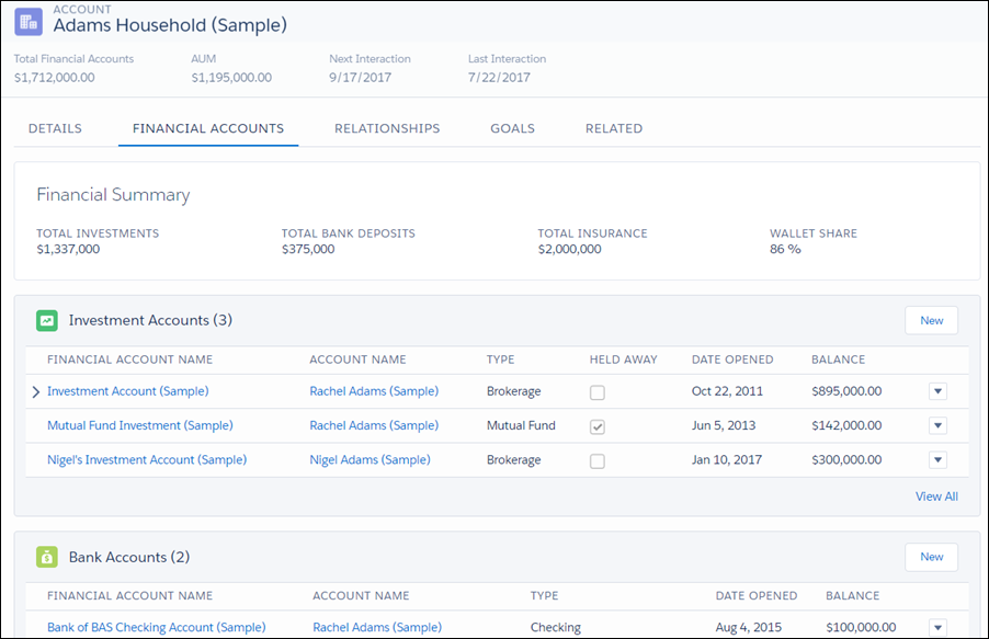 Adams Household显示在“财务帐户”选项卡中。 此选项卡列出了财务摘要，投资帐户和银行帐户