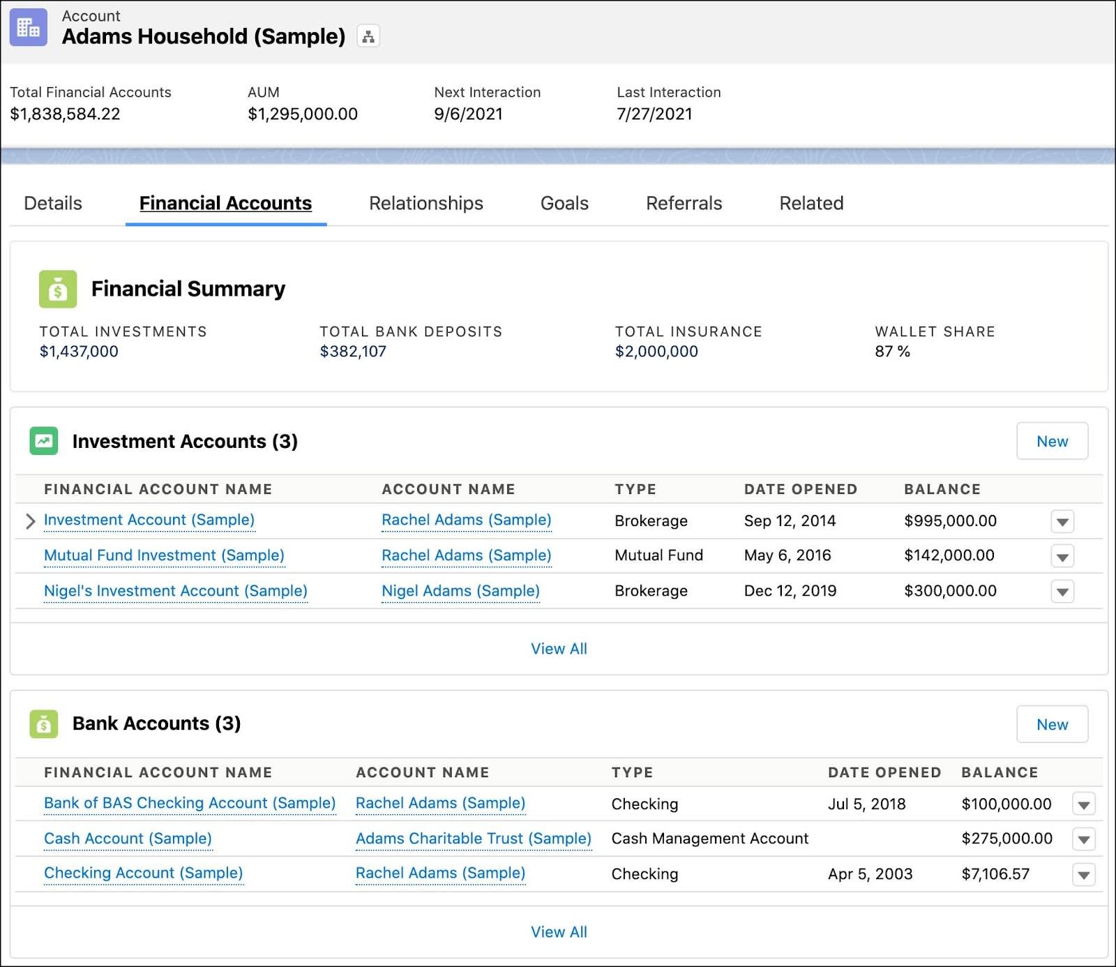 Hogar Adams que muestra la ficha Cuentas financieras. Esta ficha muestra el Resumen financiero, las Cuentas de inversión y las Cuentas bancarias.