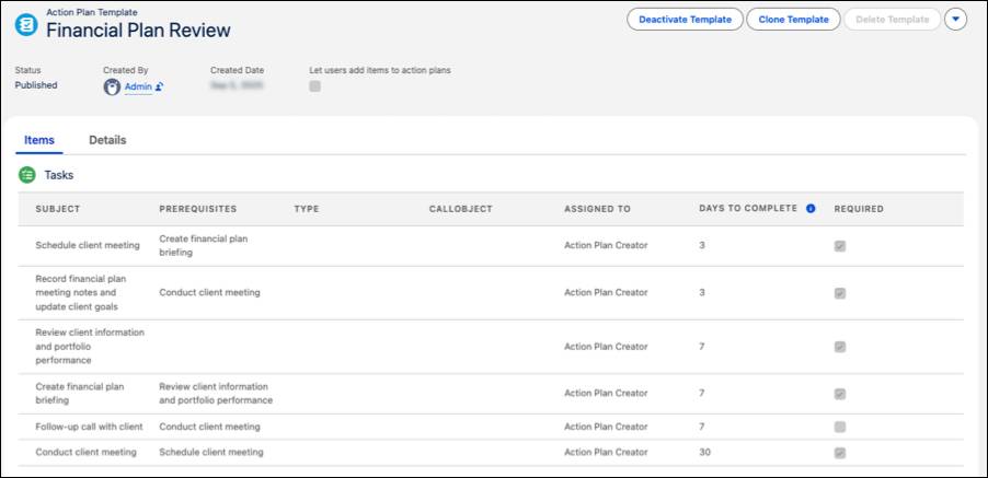 The tasks included in the action plan template include preparation work, scheduling a client meeting, and recording notes.