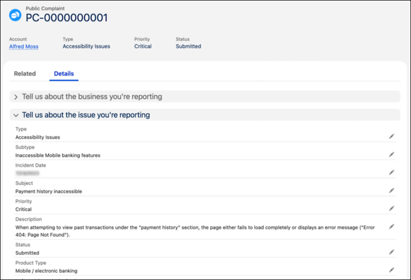 The client reported an accessibility issue on the online banking site.