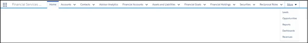 The main menu bar listing: Home, Accounts, Contacts, Advisor Analytics, Financial Accounts, Assets and Liabilities, Financial Goals, Financial Holdings, Securities, Reciprocal Roles, and More. The More menu is pulled down to display Leads, Opportunities, Reports, Dashboards, and Revenues