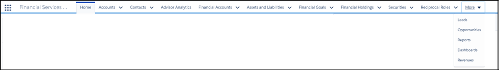 主菜单栏列出：主页，客户，联系人，顾问分析，财务帐户，资产和负债，财务目标，财务控股，证券，互惠角色等。 “更多”菜单被下拉以显示“潜在客户”，“机会”，“报告”，“仪表板”和“收入”