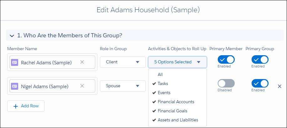 “编辑Adams家庭（示例）”对话框的屏幕快照，显示Rachel Adams是主要成员和主要组。 将打开“活动和要汇总的对象”菜单，以显示：“全部”，“任务”，“事件”，“财务帐户”，“财务目标”以及“资产和负债”。