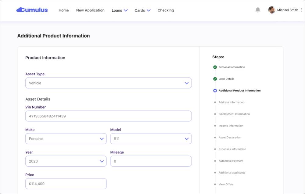 An auto loan application form with some details entered.