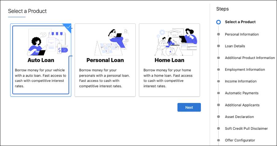 Three product selection options on an Experience Cloud site.