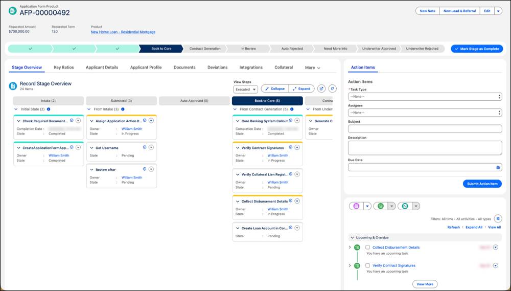 The Underwriter Console showing a record stage overview on an application form product.