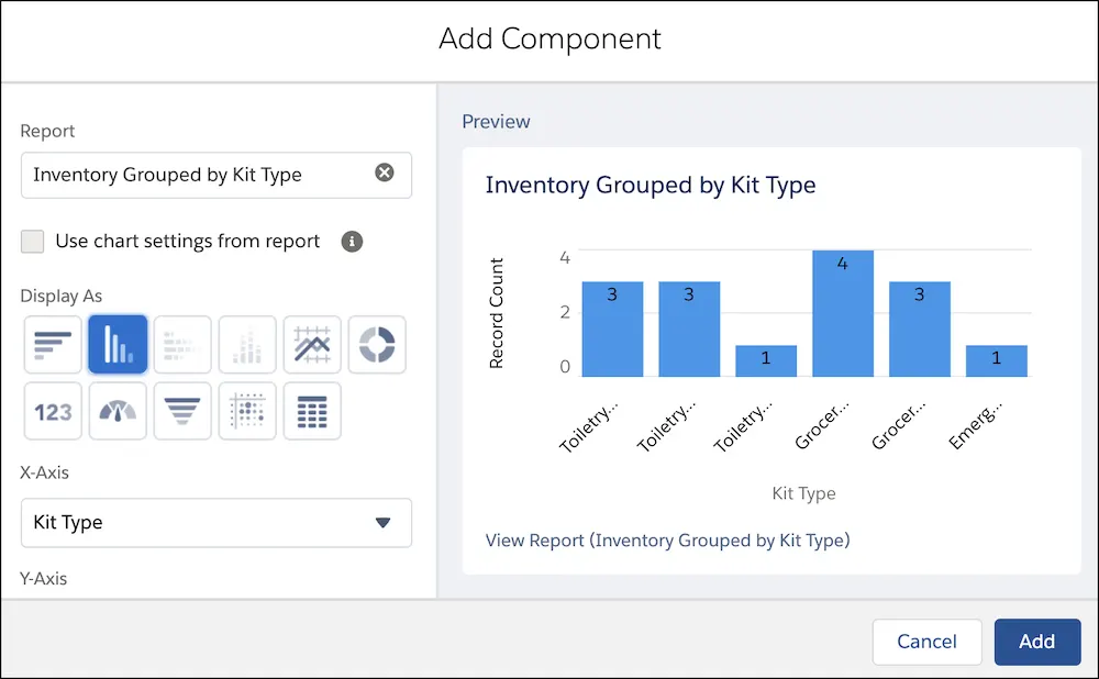 Selecting a vertical bar chart as a component. 