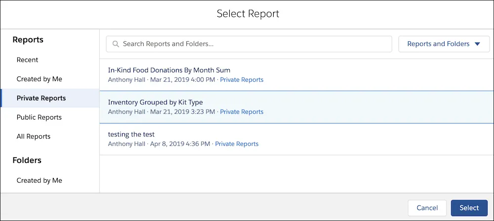 Selecting a report from private reports.