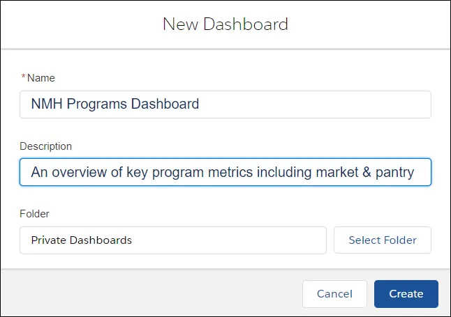 Entering the name and description of a new dashboard.