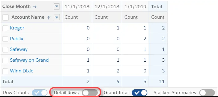 The Detail Rows toggle on the report.