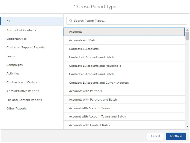 Choosing Accounts as the Report Type.