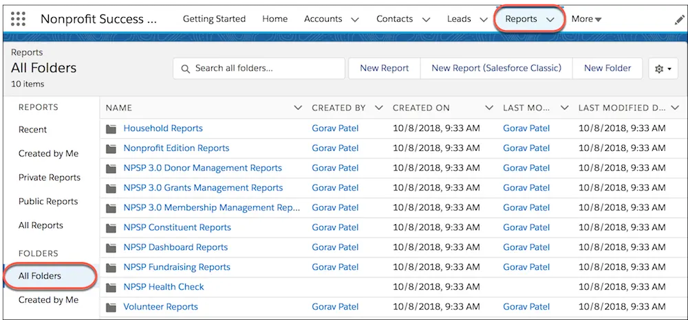 The Reports tab in the navigation bar and the All Folders section which houses NPSP Reports. 