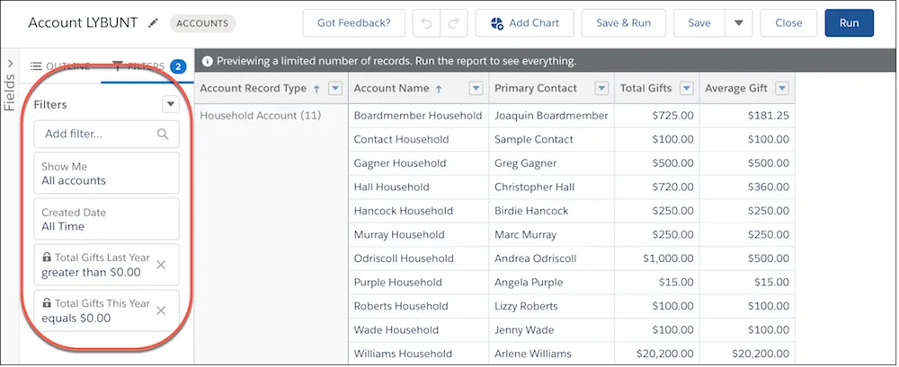 Filter options for a report.