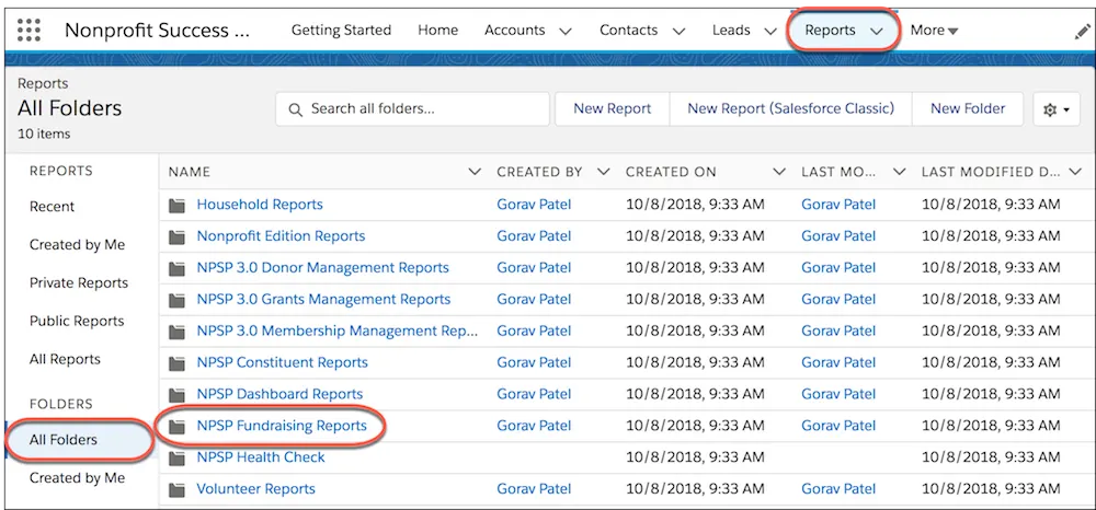 NPSP Fundraising Reports in the All Folders section of the Reports tab.