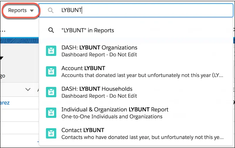 “LYBUNT” is typed into the Global Search showing a list of recently accessed “Last Year But Unfortunately Not This” fundraising reports.