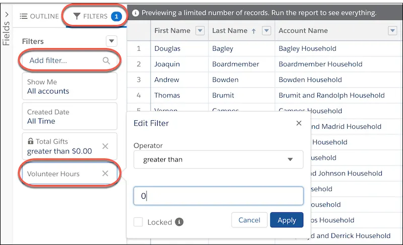 Volunteer Hours added as a report filter.