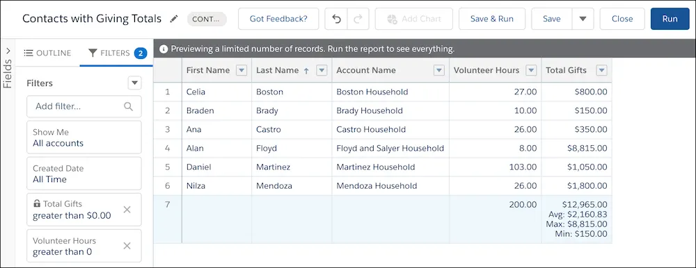 Vorschau auf den Bericht 'Contacts with Giving Totals'