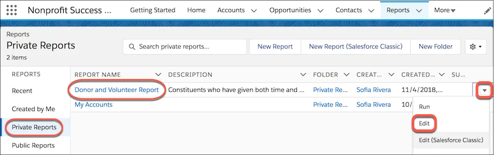 Choosing to edit a Donor and Volunteer Report in the Private Reports folder.